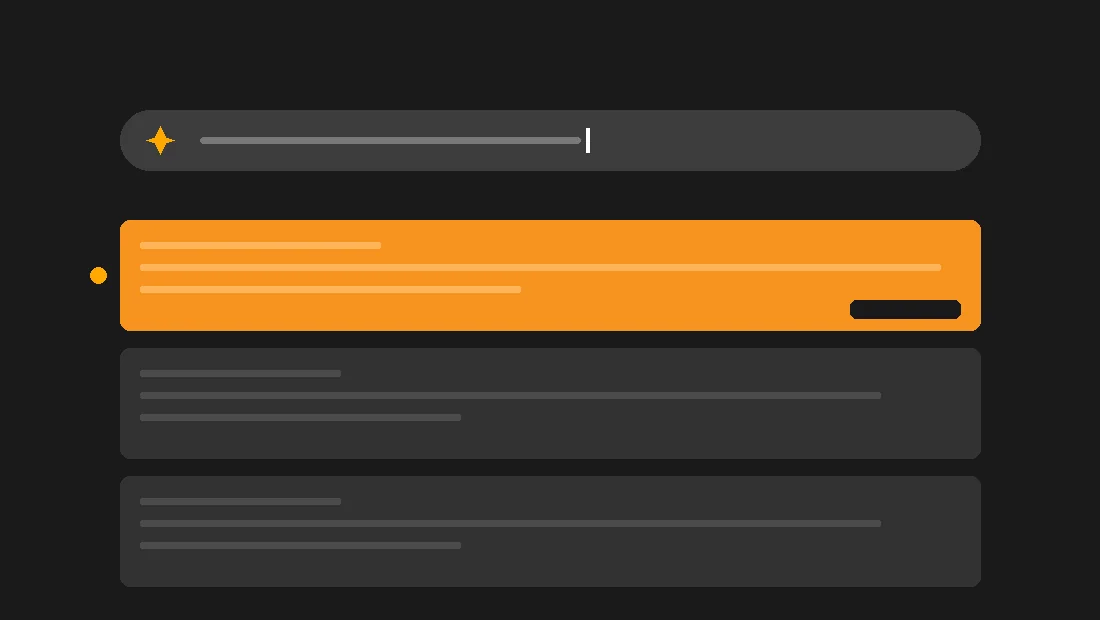A search/chat bar at the top of a dark background with an orange sparkle icon, and three result rows below — the top one highlighted in orange with a citation marker, representing AI assistant citation