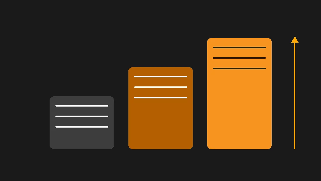 Three ascending vertical blocks on a dark background, the tallest in orange, with an upward arrow on the right — the hosting upgrade path from shared to VPS to dedicated